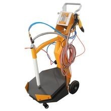 Équipement mobile de poudrage électrostatique avec chariot jaune, pistolet, tuyaux et panneau de commande.